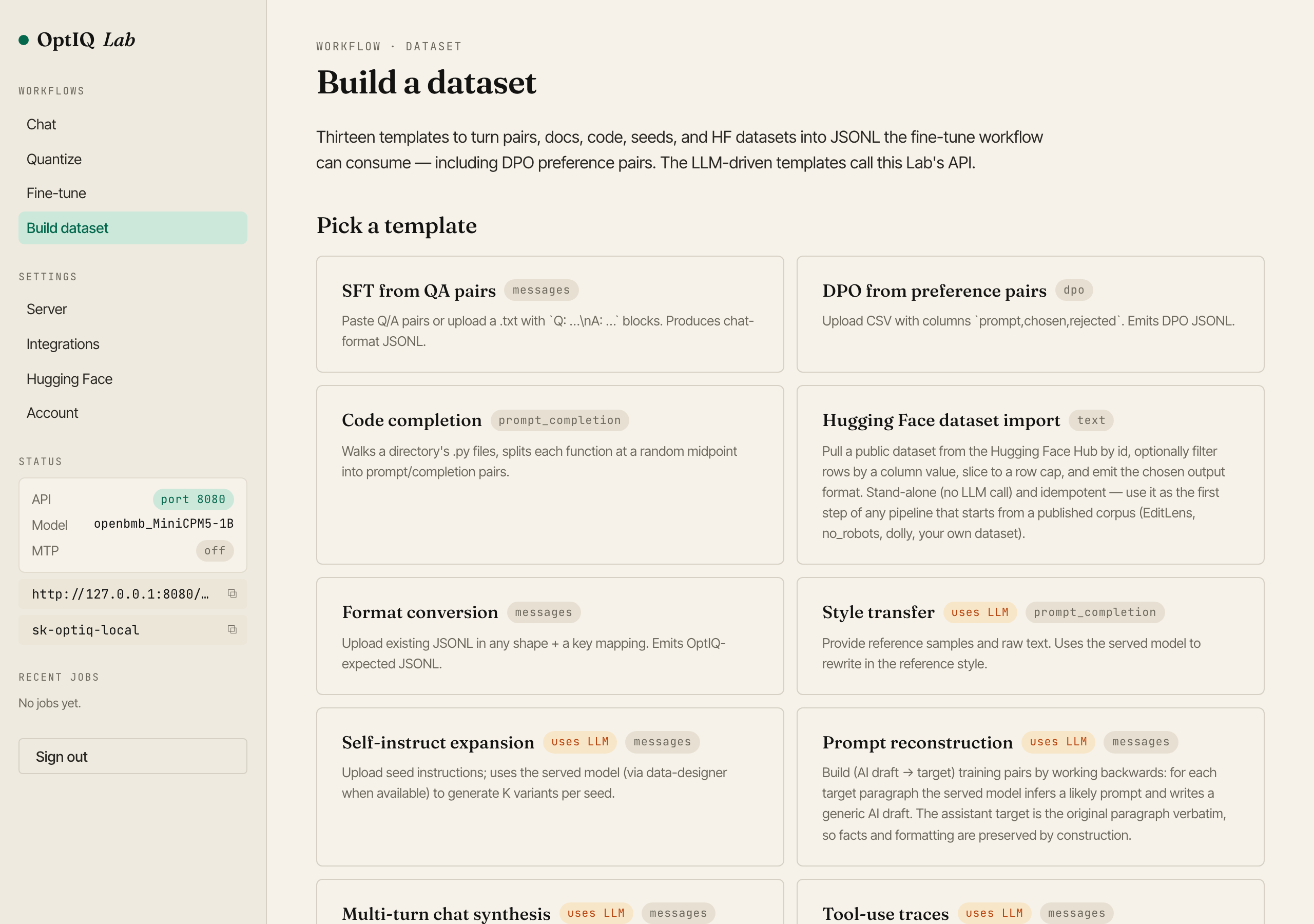 OptIQ Lab Build dataset page. Thirteen templates including SFT from QA pairs, DPO from preference pairs, Hugging Face dataset import, Style transfer, Self-instruct expansion, Prompt reconstruction, Multi-turn chat synthesis, Tool-use traces.