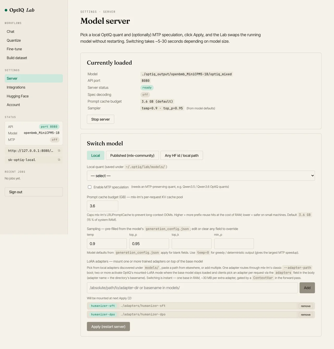 OptIQ Lab Settings, Server page. Top card shows the currently-loaded MiniCPM5-1B-OptIQ-4bit model on port 8080. Below it, a LoRA adapters section lists humanizer-sft and humanizer-dpo as mounted chips.