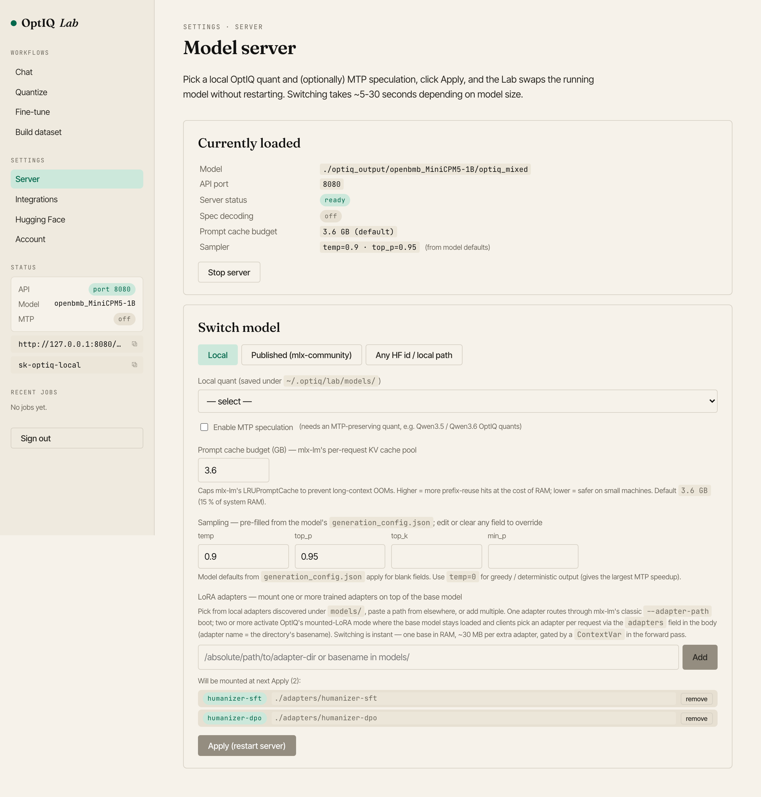 OptIQ Lab Settings, Server page. Top card shows the currently-loaded MiniCPM5-1B-OptIQ-4bit model on port 8080. Below it, a LoRA adapters section lists humanizer-sft and humanizer-dpo as mounted chips.