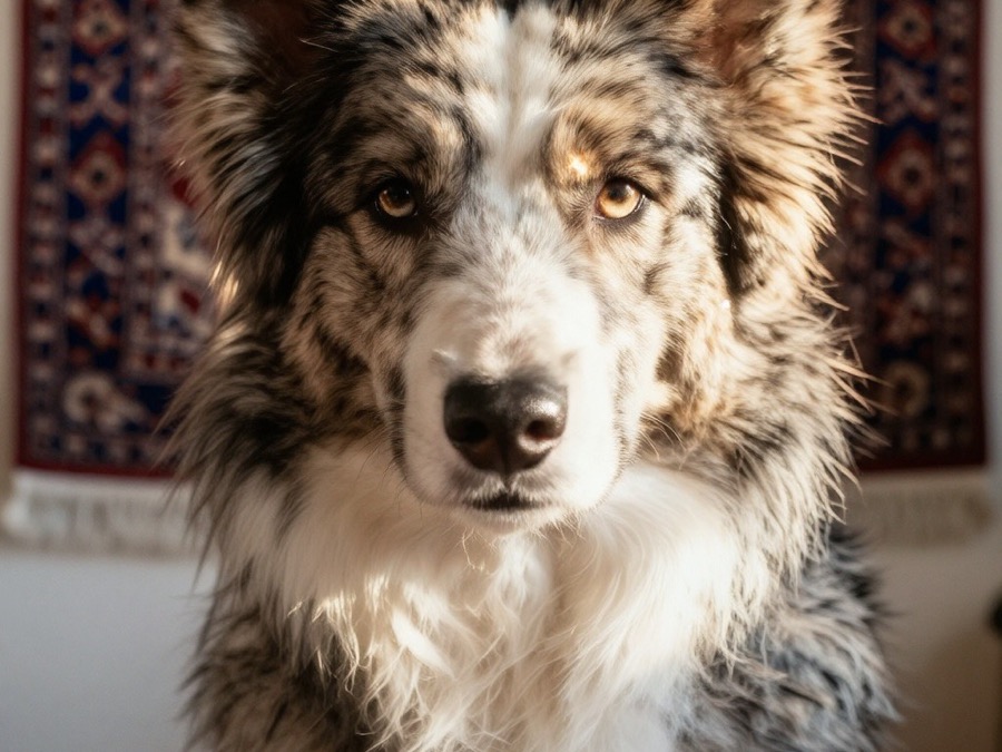 A dog sitting on a patterned rug, the demo image Mage-VL was asked to describe