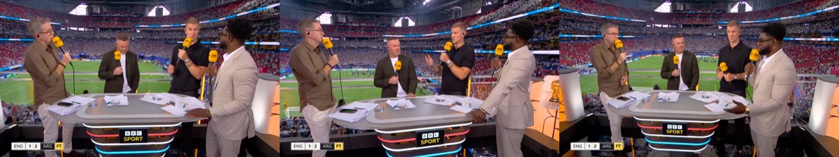 Three frames sampled from a soccer broadcast, the video given to Mage-VL