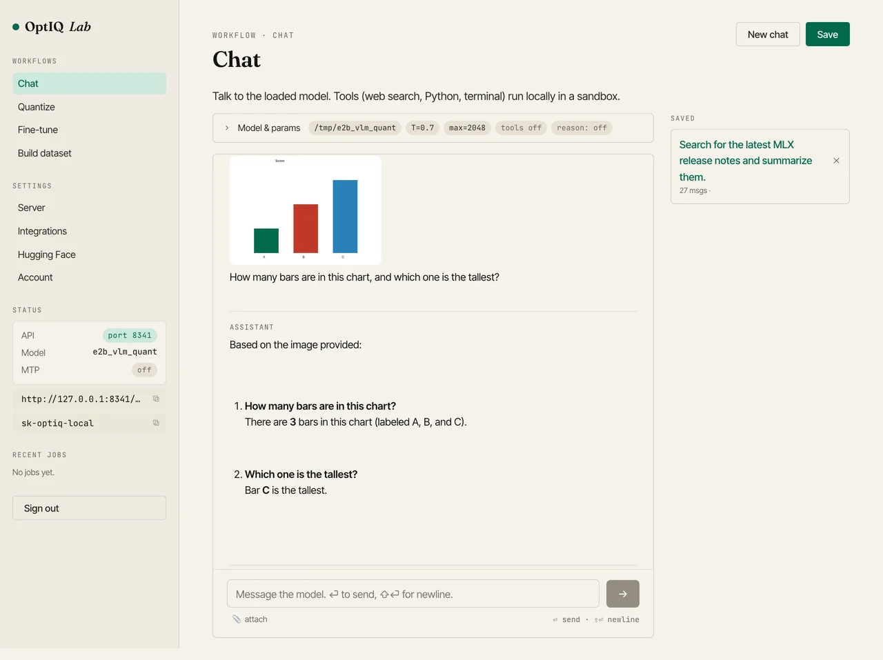 OptIQ Lab chat: a bar chart with three bars, the model answering how many bars there are and which is tallest.
