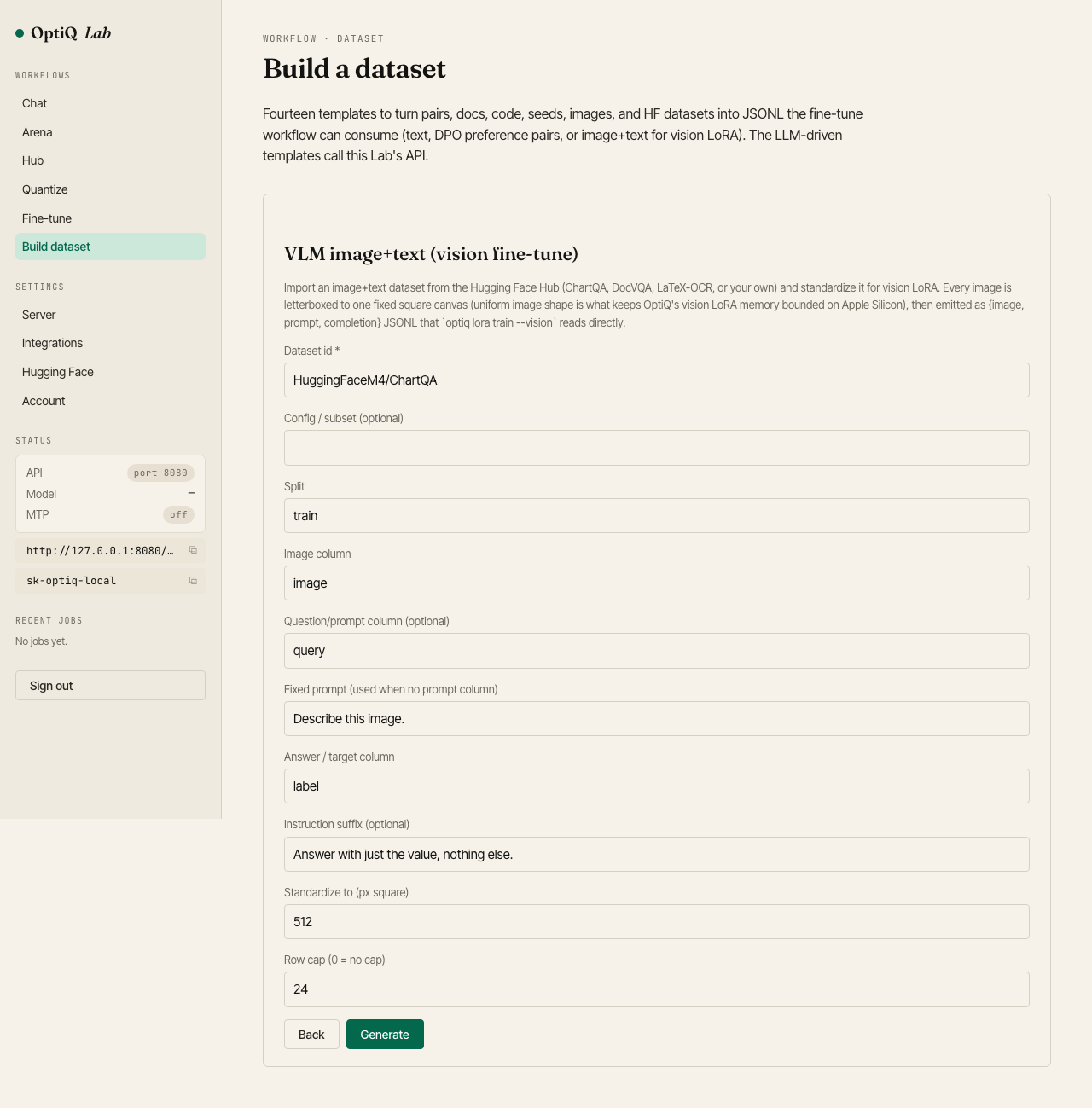 OptiQ Lab Build dataset page, the VLM image+text template. Fields filled for HuggingFaceM4/ChartQA: image column 'image', question column 'query', answer column 'label', a 'Standardize to 512px square' field, and a row cap.