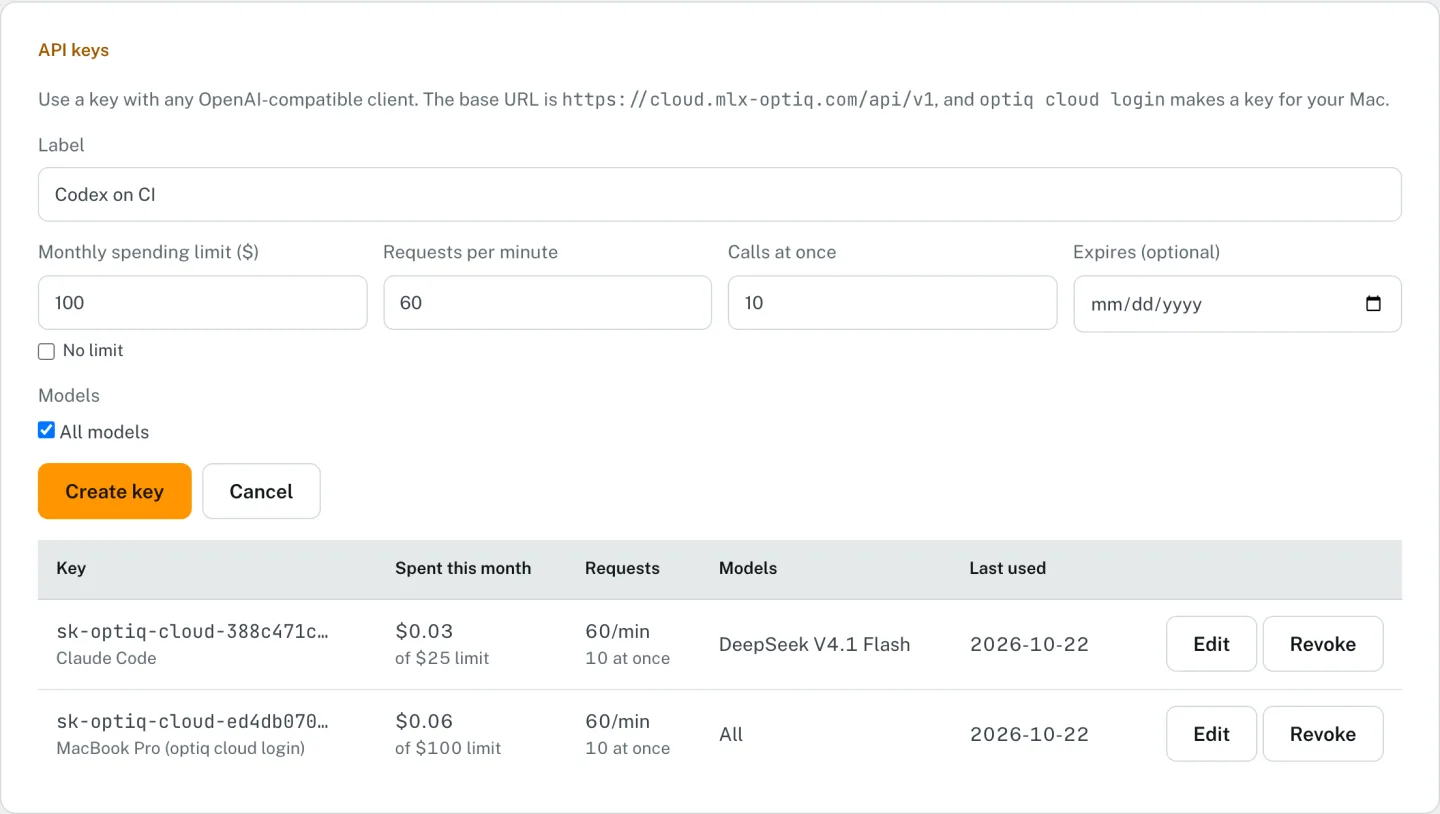 Creating a key on the dashboard: a label field, the monthly spending limit with a No limit checkbox, requests per minute, calls at once, an optional expiry date, and the models it may call.