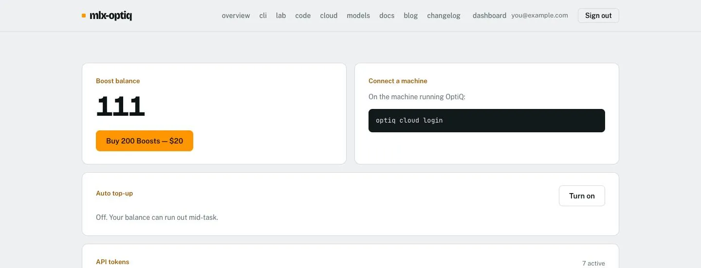 The OptiQ Cloud dashboard: Boost balance with a buy button, a Connect a machine panel showing the optiq cloud login command, auto top-up, and the API tokens list.