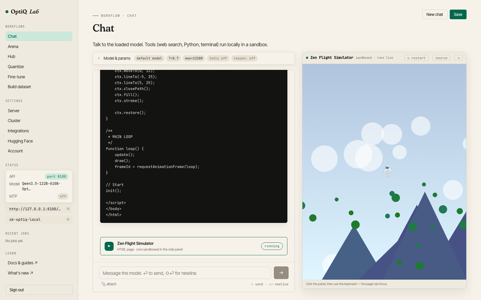 A Run card in the transcript and the model's HTML page running in the Lab's sandboxed artifact panel